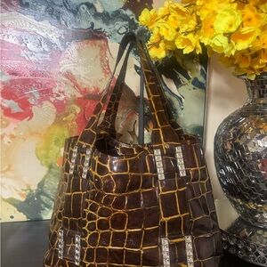 Raviani Brown Crocodile-Embossed Satchel